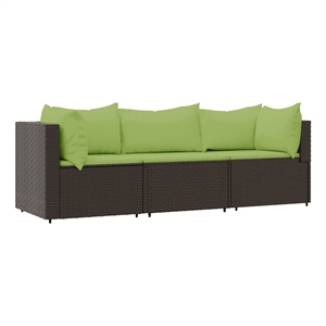 vidaXL 3 Piece Patio Lounge Set With Cushions in Green/Brown Poly Rattan