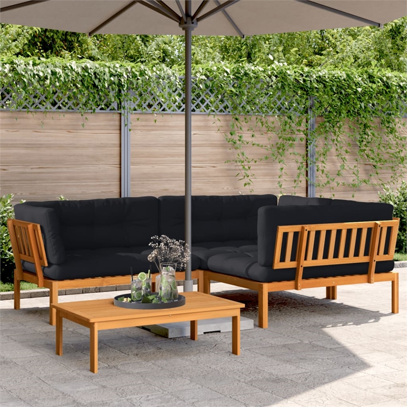 vidaXL Solid Acacia Wood 4 Piece Patio Pallet Sofa Set With Black Cushions