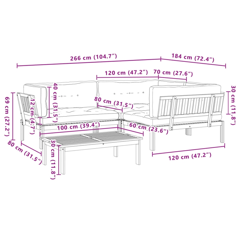 vidaXL Solid Acacia Wood 4 Piece Patio Pallet Sofa Set With Black Cushions