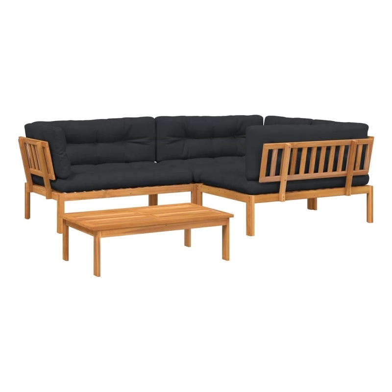 vidaXL Solid Acacia Wood 4 Piece Patio Pallet Sofa Set With Black Cushions