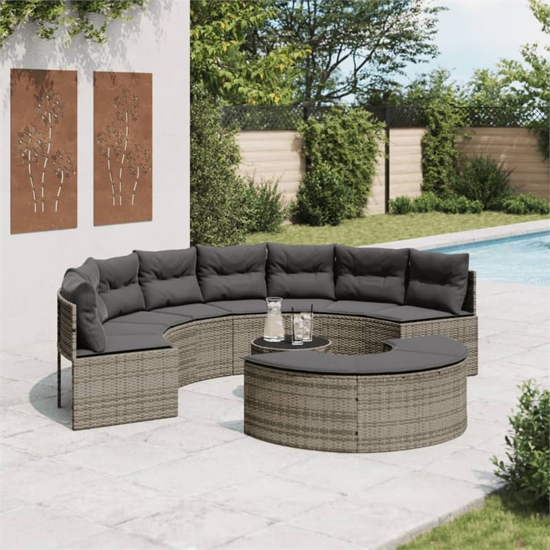 vidaXL PE Rattan Garden Sofa Set in Grey With Steel Frame and Glass Table