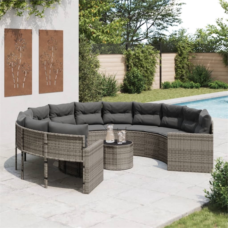 vidaXL PE Rattan Round Garden Sofa With Steel Frame and Glass Top in Grey