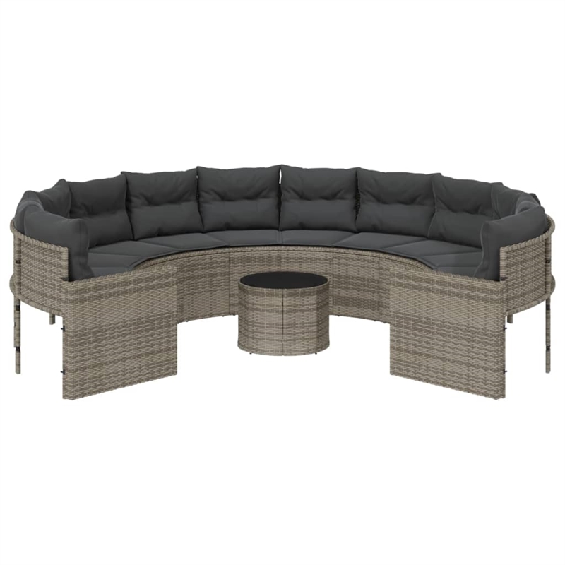 vidaXL PE Rattan Round Garden Sofa With Steel Frame and Glass Top in Grey