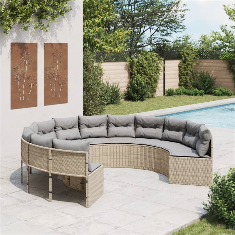 vidaXL Round Patio Sofa With Cushions in Light Gray and Beige Poly Rattan