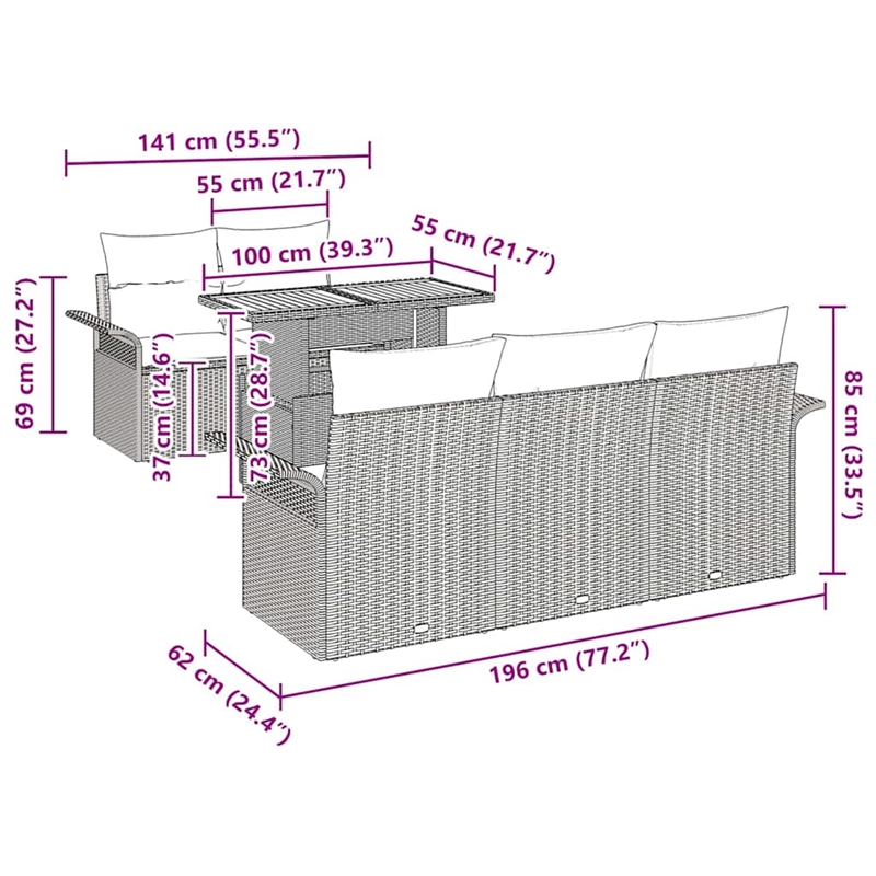 vidaXL 6 Piece Beige Poly Rattan Garden Sofa Set With Cushions in Cream