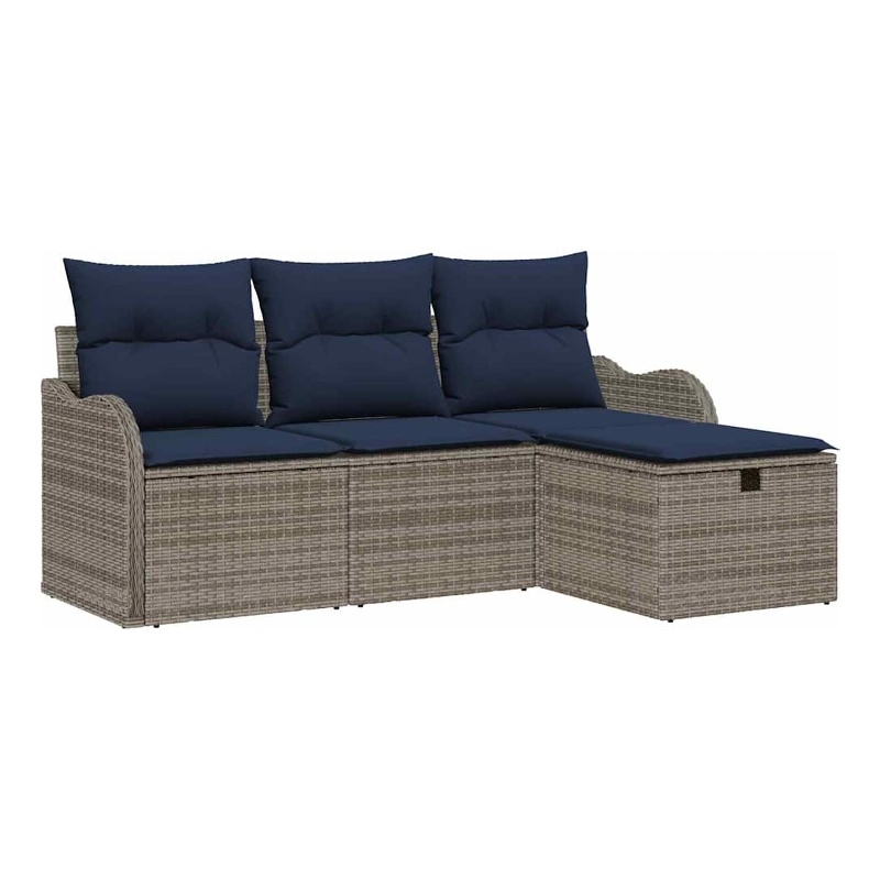 vidaXL 4 Pcs Grey Poly Rattan Garden Sofa Set With Cushions in Navy