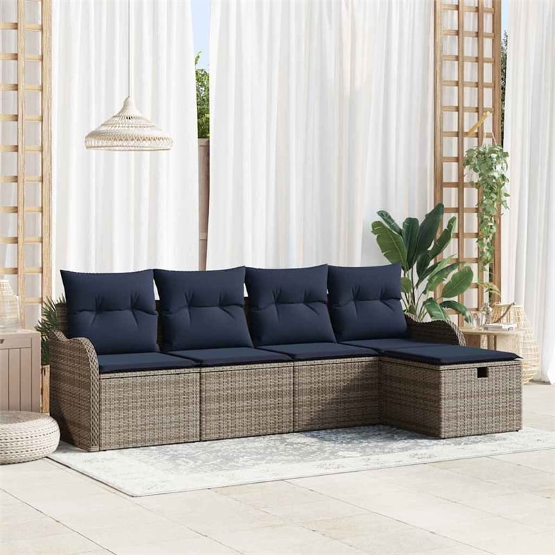 vidaXL 5 Pcs Grey Poly Rattan Garden Sofa Set With Cushions in Navy