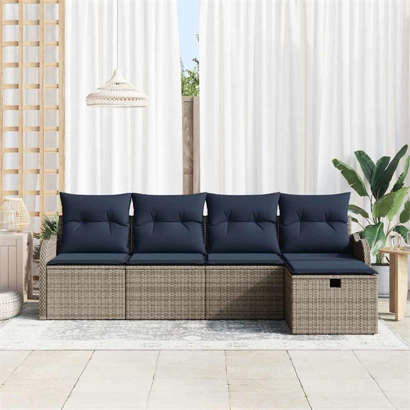 vidaXL 5 Pcs Grey Poly Rattan Garden Sofa Set With Cushions in Navy