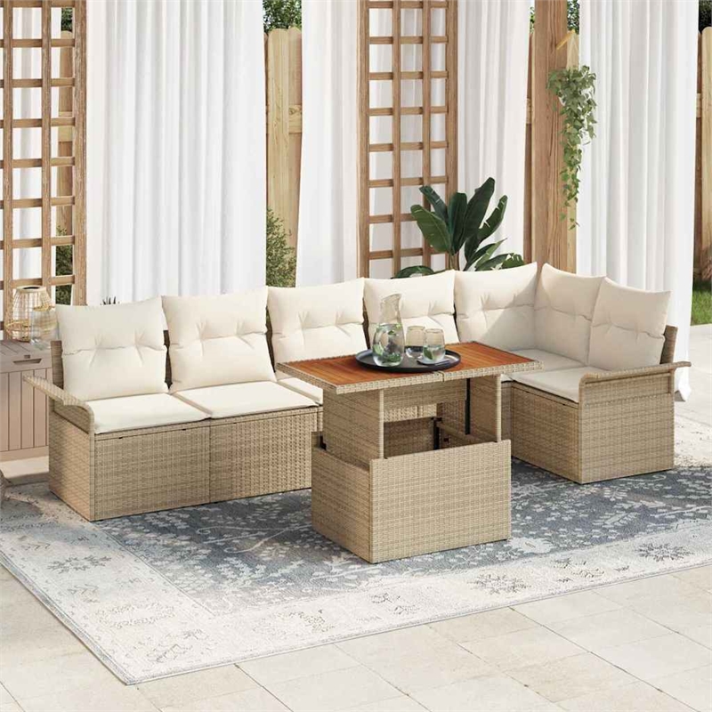 vidaXL 7 Piece Beige Poly Rattan Garden Sofa Set With Cushions in Cream
