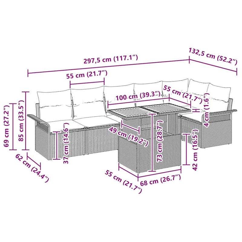 vidaXL 7 Piece Beige Poly Rattan Garden Sofa Set With Cushions in Cream