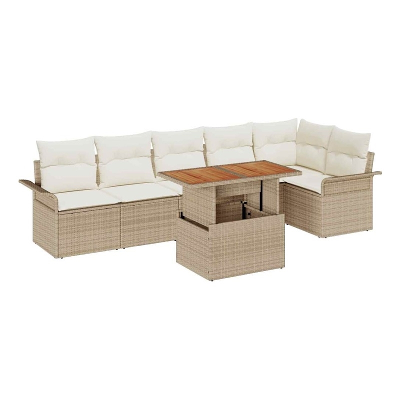 vidaXL 7 Piece Beige Poly Rattan Garden Sofa Set With Cushions in Cream