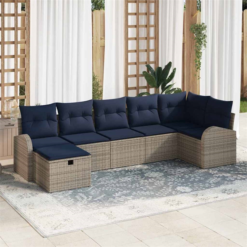 vidaXL Grey Poly Rattan Sofa Set With Cushions And Storage in Navy