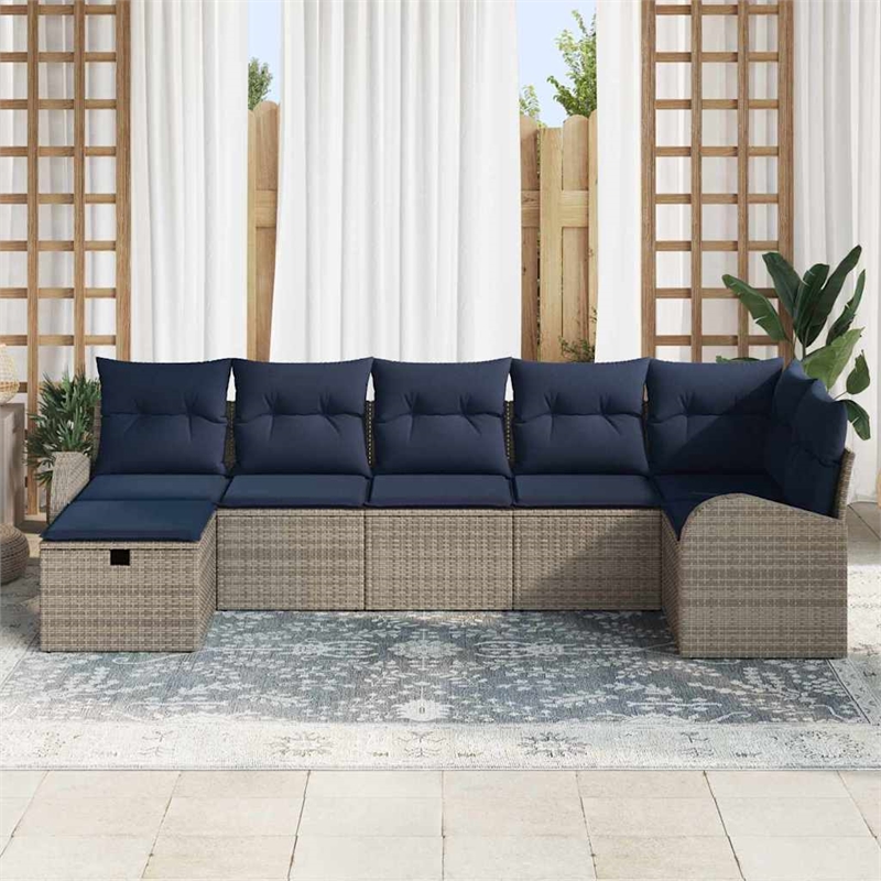 vidaXL Grey Poly Rattan Sofa Set With Cushions And Storage in Navy