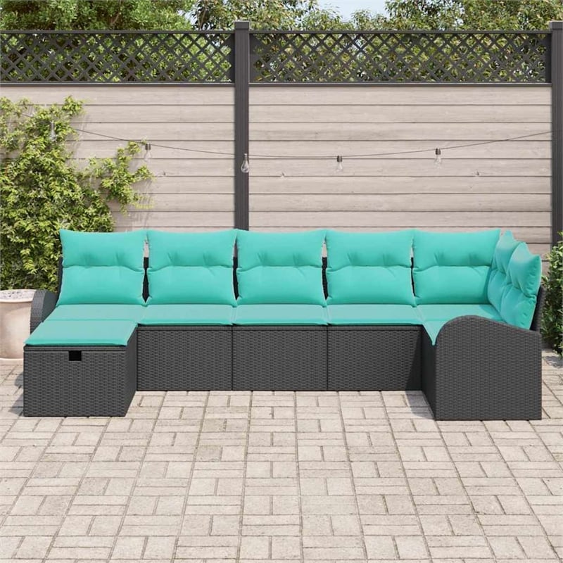 vidaXL 7 Pcs Black Poly Rattan Sofa Set With Cushions in Turquoise