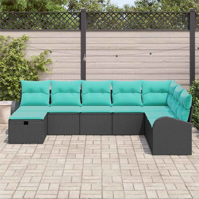 vidaXL 8 Pcs Poly Rattan Sofa Set With Cushions in Black And Turquoise