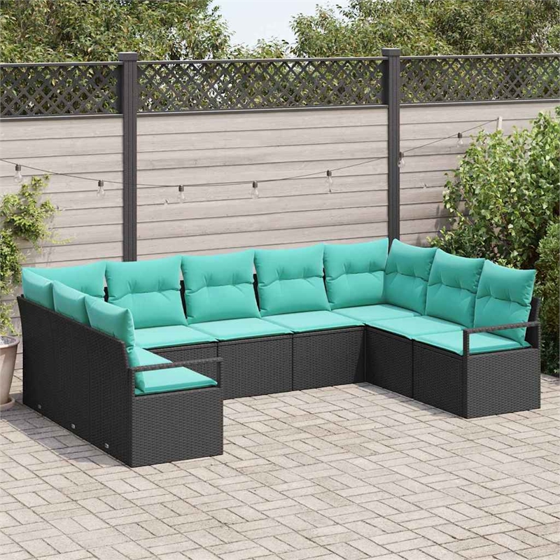vidaXL 9 Pcs Black & Turquoise Poly Rattan Garden Sofa Set