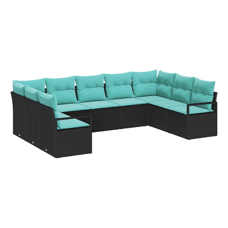 vidaXL 9 Pcs Black & Turquoise Poly Rattan Garden Sofa Set