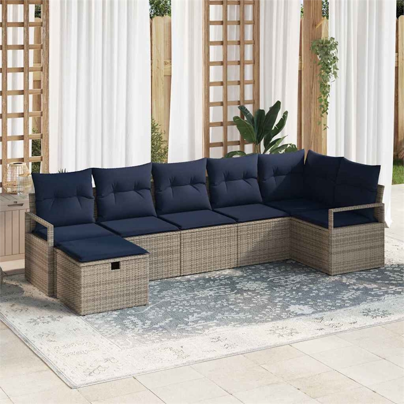 vidaXL 7 Pcs Grey Poly Rattan Sofa Set With Cushions in Navy