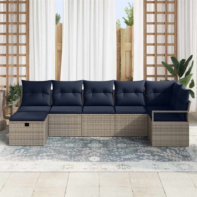 vidaXL 7 Pcs Grey Poly Rattan Sofa Set With Cushions in Navy