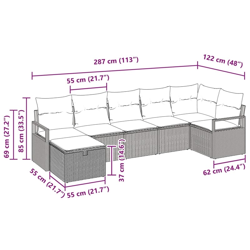 vidaXL 7 Pcs Grey Poly Rattan Sofa Set With Cushions in Navy