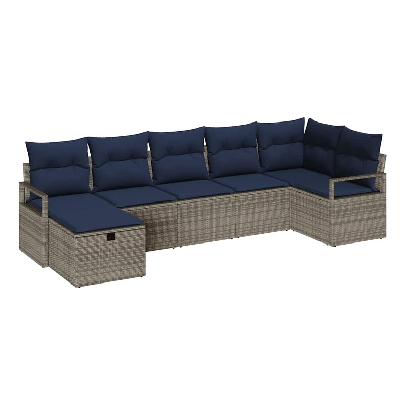 vidaXL 7 Pcs Grey Poly Rattan Sofa Set With Cushions in Navy