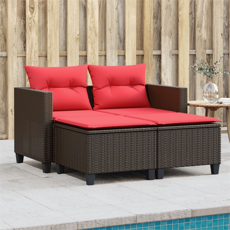 vidaXL 2-Seater PE Rattan And Steel Garden Sofa With Polyester in Brown And Red