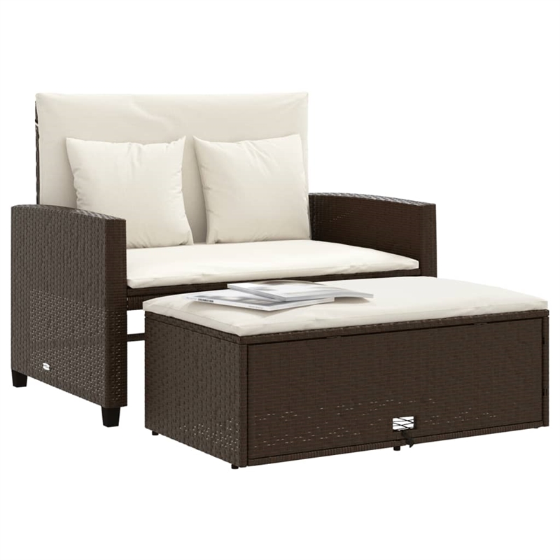 vidaXL 2-Seater Brown Poly Rattan Patio Sofa With Cushions in Cream