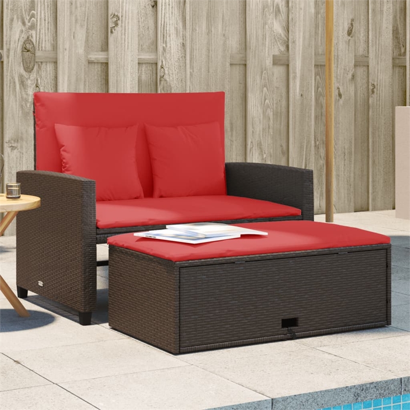 vidaXL 2-Seater Poly Rattan Patio Sofa in Brown & Red