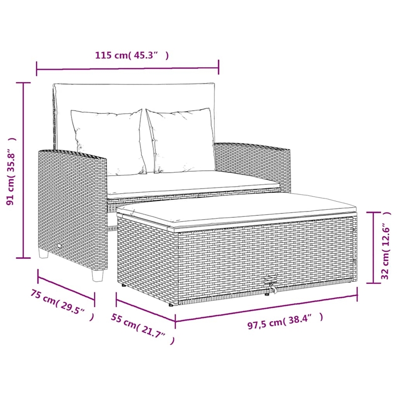 vidaXL 2-Seater Convertible Poly Rattan Patio Sofa in Beige