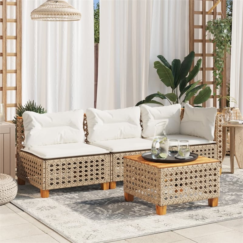 vidaXL Patio Armless Sofa With Cushions Cream White in Beige Poly Rattan