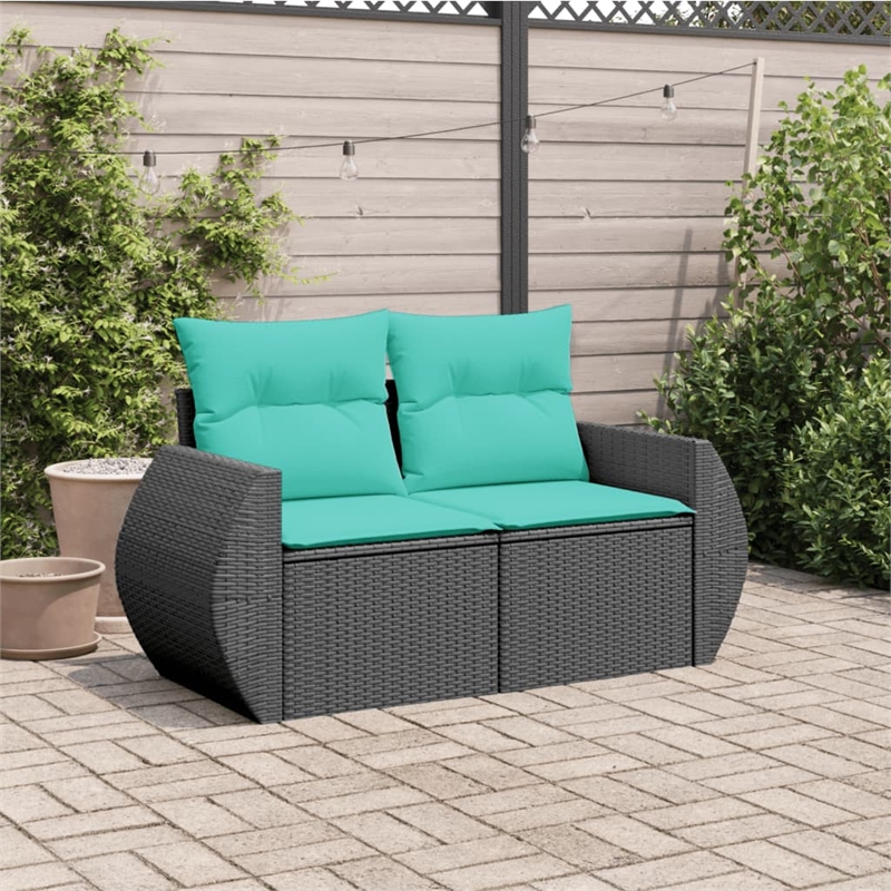 vidaXL PE Rattan & Powder-Coated Steel & Polyester Garden Sofa in Black & Blue