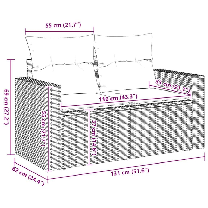 vidaXL 2-Seater PE Rattan Garden Sofa With Adjustable Feet in Beige