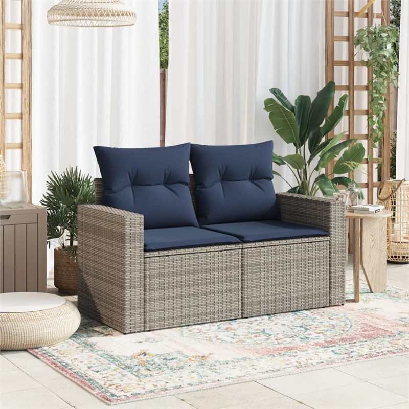 vidaXL 2-Seater Patio Sofa with Cushions in Navy Blue and Grey Poly Rattan