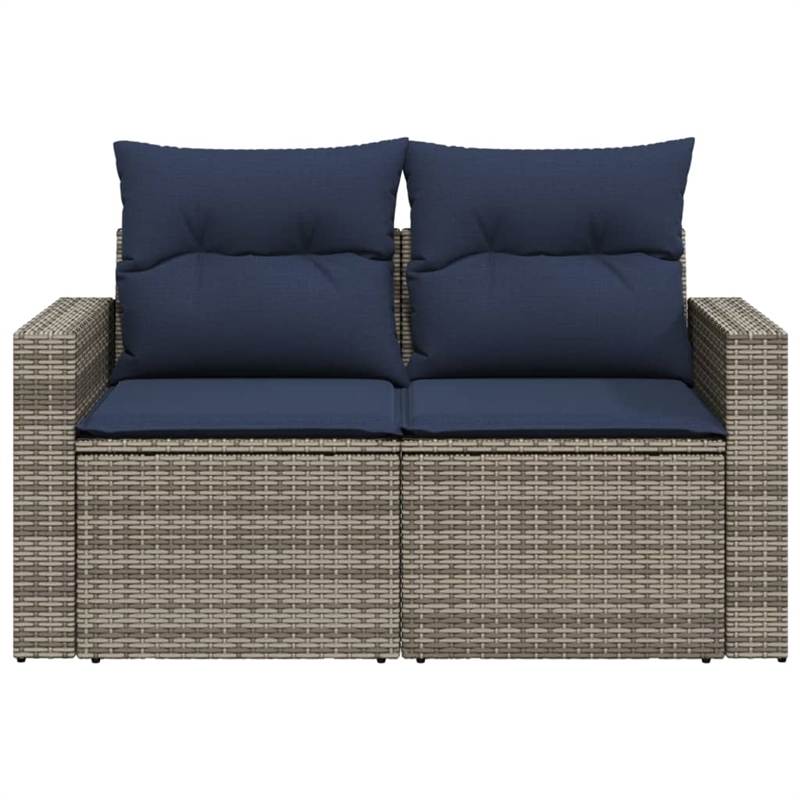 vidaXL 2-Seater Patio Sofa with Cushions in Navy Blue and Grey Poly Rattan