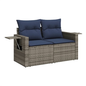 vidaXL 2-Seater Patio Sofa with Cushions in Navy Blue and Grey Poly Rattan