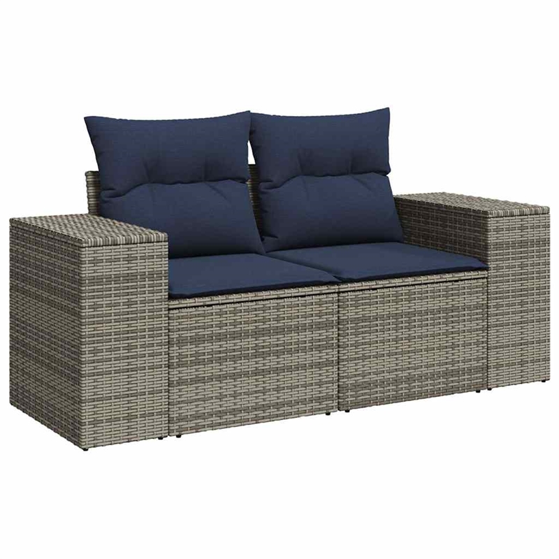 vidaXL 2-Seater Patio Sofa with Cushions in Navy Blue and Grey Poly Rattan