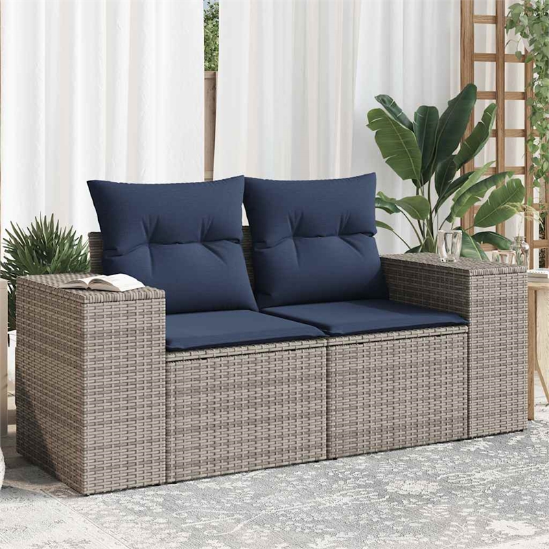 vidaXL 2-Seater Patio Sofa with Cushions in Navy Blue and Grey Poly Rattan