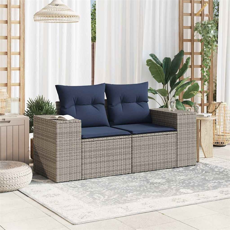 vidaXL 2-Seater Patio Sofa with Cushions in Navy Blue and Grey Poly Rattan