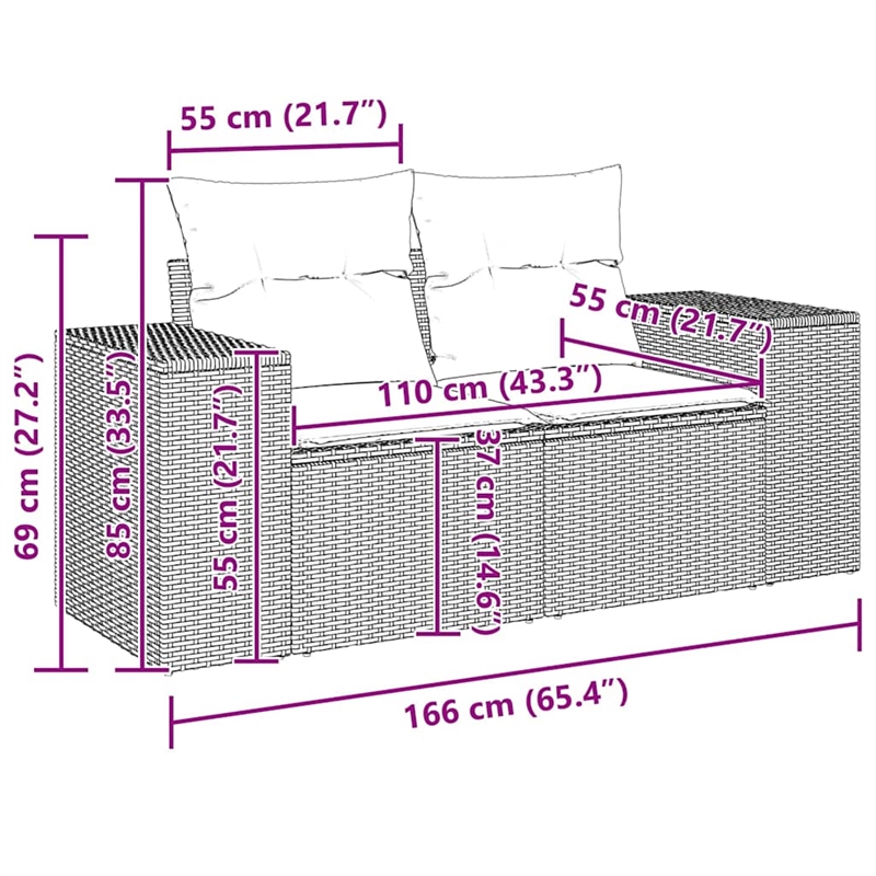 vidaXL 2-Seater Patio Sofa with Cushions in Navy Blue and Grey Poly Rattan