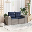 vidaXL 2-Seater Patio Sofa with Cushions in Navy Blue and Grey Poly Rattan