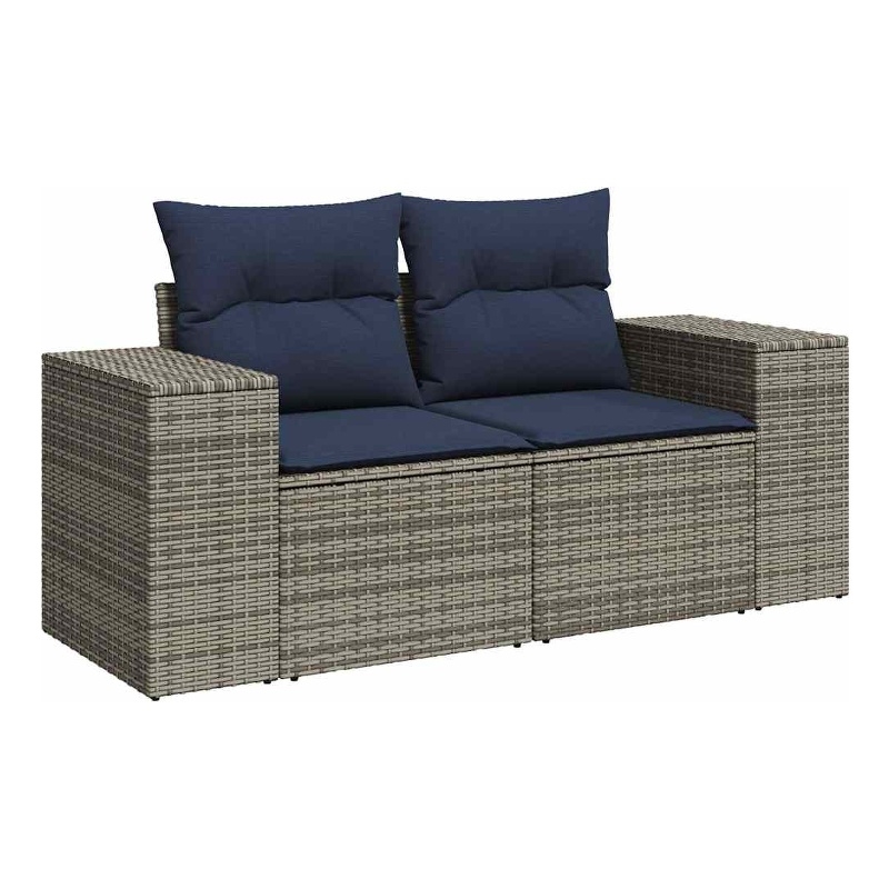 vidaXL 2-Seater Patio Sofa with Cushions in Navy Blue and Grey Poly Rattan