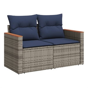 vidaXL 2-Seater Patio Sofa with Cushions in Navy Blue and Grey Poly Rattan