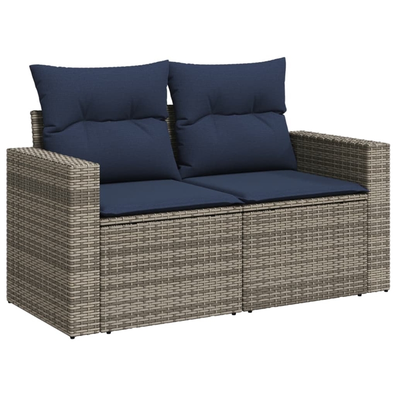 vidaXL 2-Seater Patio Sofa with Cushions in Navy Blue and Grey Poly Rattan