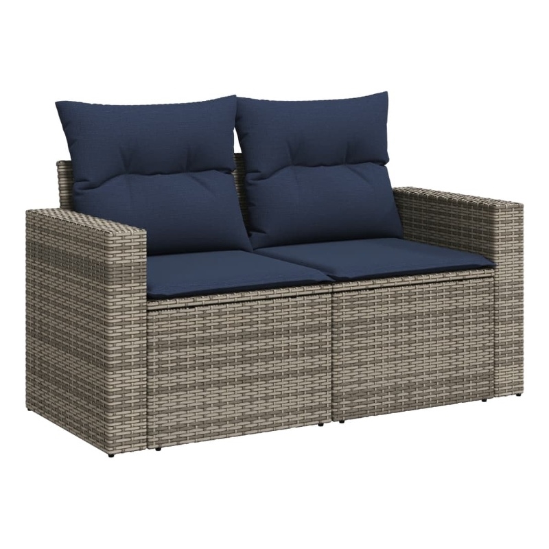 vidaXL 2-Seater Patio Sofa with Cushions in Navy Blue and Grey Poly Rattan
