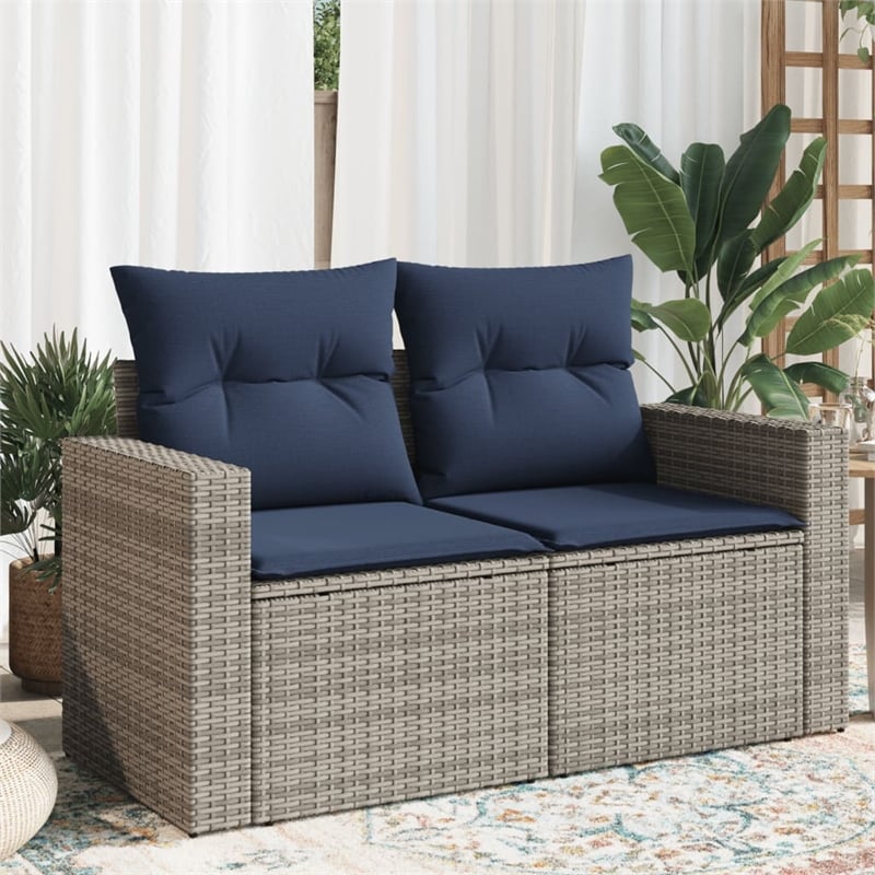 vidaXL 2-Seater Patio Sofa with Cushions in Navy Blue and Grey Poly Rattan