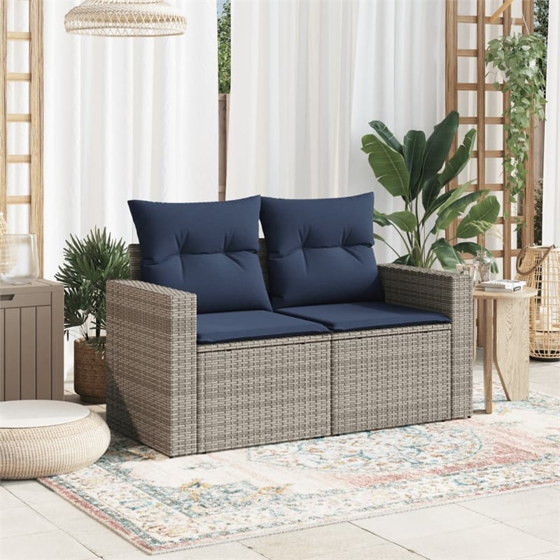 vidaXL 2-Seater Patio Sofa with Cushions in Navy Blue and Grey Poly Rattan