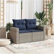 vidaXL 2-Seater Patio Sofa with Cushions in Navy Blue and Grey Poly Rattan