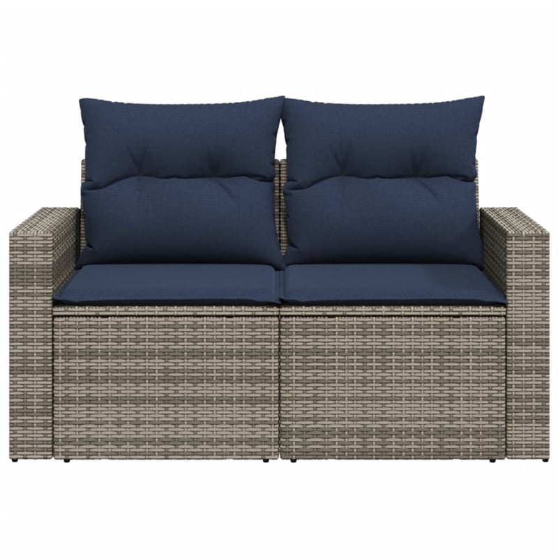 vidaXL 2-Seater Patio Sofa with Cushions in Navy Blue and Grey Poly Rattan
