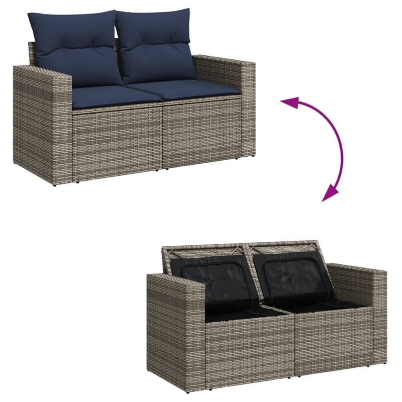 vidaXL 2-Seater Patio Sofa with Cushions in Navy Blue and Grey Poly Rattan