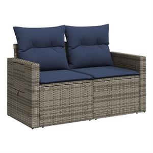 vidaXL 2-Seater Patio Sofa with Cushions in Navy Blue and Grey Poly Rattan